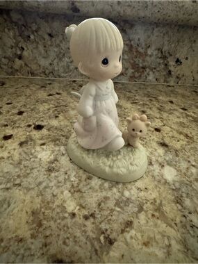 Precious Moments Cream and Light Blue Girl Figurine with Tiny Bear